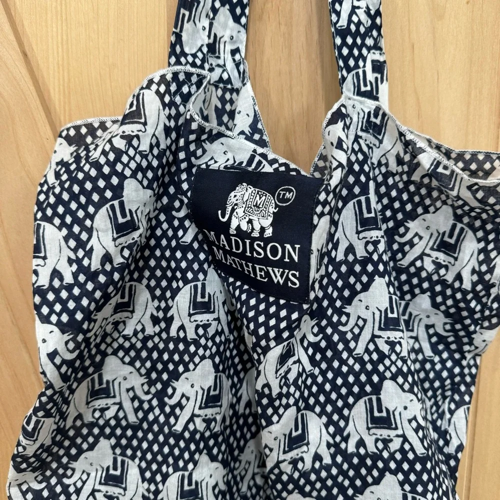 Madison Mathews Elephant Packable Tote Boho Bag Cloth Shoulder Bag Blue White